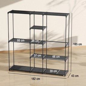 HOMCOM Dulap Garderobă din Material Textil cu 8 Rafturi și 3 Bare pentru Agățat, 182x43x185 cm, Negru | Aosom Romania