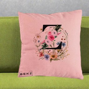 Cadou Personalizat - Perna Personalizata Monograma Florala Litera Z cu Coroana, 40x40 cm, Roz, Husa Detasabila, Perna Inclusa, BEKZ®
