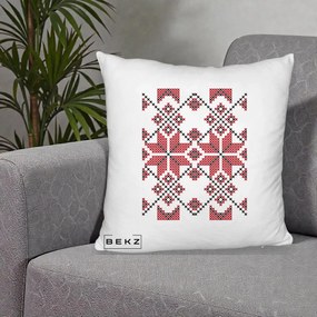 Perna Personalizata Motiv Traditional Cusatura Rosu-Negru, 40x40 cm, Alb Pufos, Husa Detasabila, Perna Inclusa, BEKZ®