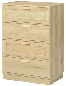 HOMCOM Comoda design boem din ratan cu 4 sertare, mobilier de depozitare pentru living, hol, intrare, lemn natural | Aosom Romania