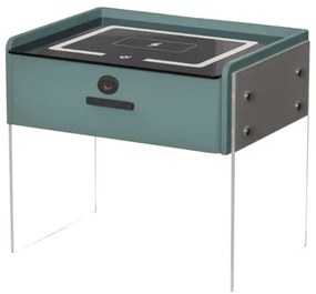 Noptieră inteligentă cu &icirc;ncărcare wireless, iluminare LED, 1 sertar de depozitare, difuzor Bluetooth și &icirc;nchidere prin amprentă &ndash; verde, design modern din sticlă și lemn