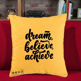 Perna Decorativa Dream Believe Achieve, 40x40 cm, Galben, Husa Detasabila, Perna Inclusa, BEKZ®
