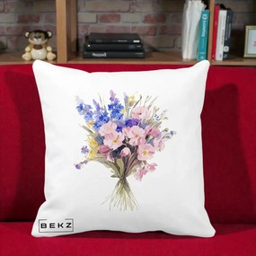 Perna Decorativa Buchet Floral Acuarela Primavara, 40x40 cm, Alba Mata, Husa Detasabila, Perna Inclusa, BEKZ®