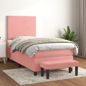 Pat box spring cu saltea, roz, 90x190 cm, catifea Roz, 90 x 190 cm, Design simplu