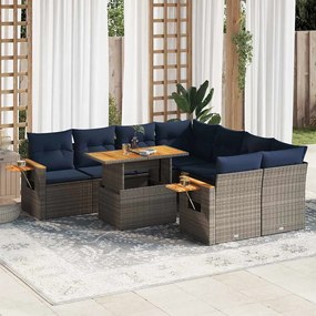 vidaXL Set canapele de grădină, 9 piese, cu perne, gri, poliratan