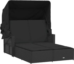 vidaXL Șezlong dublu cu baldachin și perne, negru, poliratan
