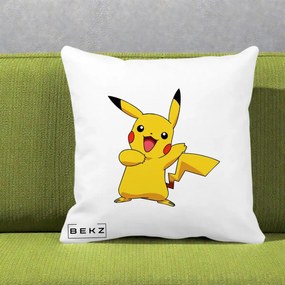 Perna Personalizata Pikachu Fericit, 40x40 cm, Alba Mata, Husa Detasabila, Perna Inclusa, BEKZ®