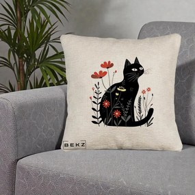 Perna Decorativa Pisica Neagra Flori Rosii Folk, 40x40 cm, Bej Canapea, Husa Detasabila, Perna Inclusa, BEKZ®