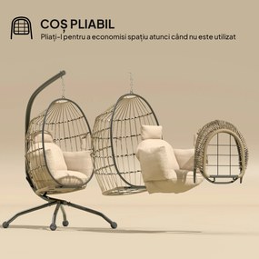 Outsunny Fotoliu Suspendat Tip Ou cu Lanț Reglabil, 2 Perne Detașabile și Suport pentru Pahare, Scaun Balansoar Pliabil pentru Grădină, Bază în X din Oțel, pentru Interior și Exterior, 120x88x192 cm, Bej | Aosom Romania