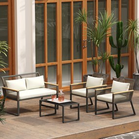 Outsunny Set mobilier de grădină din polyrattan pentru 4 persoane, rezistent la intemperii, set balcon cu canapea 2 locuri, 2 scaune, masă cu sticlă, perne Bej | Aosom Romania