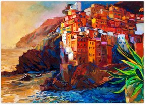 Tablou - Satul de coastă Cinque Terre, Riviera italiană, impresionismul modern (70x50 cm)