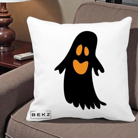Perna Decorativa Halloween Fantoma Neagra cu Ochi Portocalii, 40x40 cm, Alba Mata, Husa Detasabila, Perna Inclusa, BEKZ®