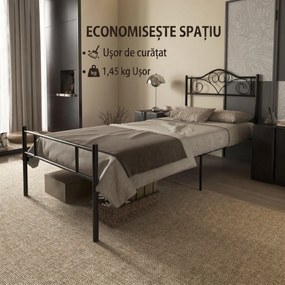 Structura Pat HOMCOM, 1 loc din Otel 900x200cm, Sipci Integrate, Tetiera si Tablie, Negru | Aosom Romania