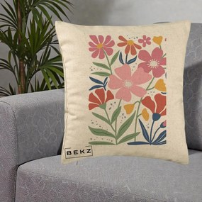Perna Decorativa Flori Grafice Roz si Terracotta, 40x40 cm, Bej, Husa Detasabila, Perna Inclusa, BEKZ®