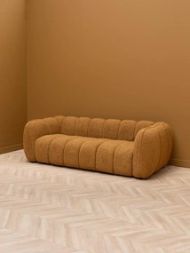 Canapea 3 locuri din catifea muștar, cu textură în relief, picioare din lemn masiv, aspect retro, 69×220×102 cm, „Biskit"