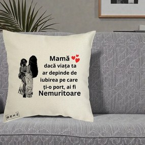 Cadou pentru Mama - Perna Personalizata Mama Nemuritoare Imbratisare, 40x40 cm, Ecru, Husa Detasabila, Perna Inclusa, BEKZ®