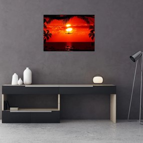 Tablou pe sticlă - apus de soare cu avion (70x50 cm)
