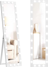 HOMCOM Oglindă de corp întreg 150x40 cm, oglindă LED cu 24 de becuri, 3 nuanțe de lumină, independentă, sprijinită sau pentru montare pe perete, Alb | Aosom Romania
