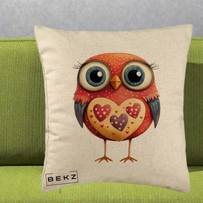 Perna Decorativa Bufnita Rosie cu Inimi Aurii, 40x40 cm, Bej, Husa Detasabila, Perna Inclusa, BEKZ®