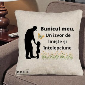Cadou pentru Bunic - Perna Personalizata Bunicul Meu Izvor de Liniste cu Fluture si Fetita, 40x40 cm, Bej Canapea, Husa Detasabila, Perna Inclusa, BEKZ®