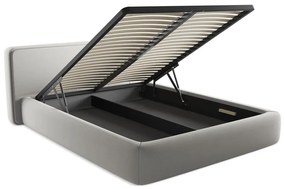 Pat matrimonial gri deschis tapițat cu spațiu de depozitare cu somieră 160x200 cm Kiana – Makamii