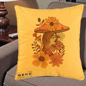 Perna Decorativa Fata Ciuperca Florala Boho, 40x40 cm, Galben, Husa Detasabila, Perna Inclusa, BEKZ®