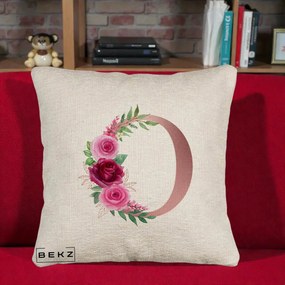 Cadou Personalizat - Perna Personalizata Monograma Rose Gold Litera O, 40x40 cm, Bej Canapea, Husa Detasabila, Perna Inclusa, BEKZ®