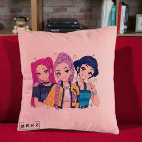 Perna Personalizata K-pop HUNTRX Trio Anime Stele, 40x40 cm, Roz, Husa Detasabila, Perna Inclusa, BEKZ®