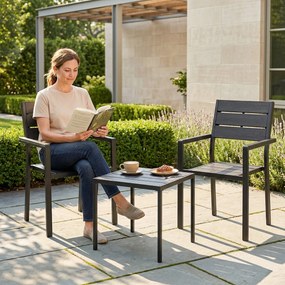 Outsunny Set bistro de grădină 3 piese masă bistro cu 2 scaune, design lamele, aspect lemn, blat HDPE rezistent la rugină | Aosom Romania