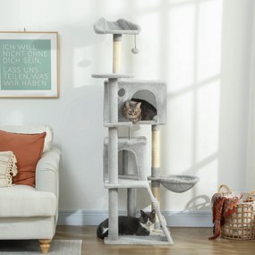 PawHut Arbore de Zgâriat pentru Pisici Înalt de 160 cm cu 2 Căsuțe, Hamac, Pat și Stâlpi din Sisal, Gri | Aosom Romania