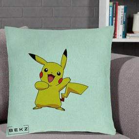 Perna Personalizata Pikachu Fericit, 40x40 cm, Verde Menta, Husa Detasabila, Perna Inclusa, BEKZ®