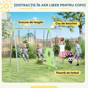 AIYAPLAY Leagăn de Grădină 3 în 1 pentru Copii 3-8 Ani cu Coș de Baschet și Poartă de Fotbal, 238x180x182 cm, Verde | Aosom Romania