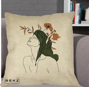 Perna Decorativa Portret Feminin Profil Flori Portocalii, 40x40 cm, Crem, Husa Detasabila, Perna Inclusa, BEKZ®