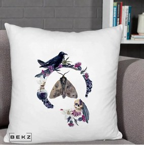 Perna Decorativa Gothic Wreath Corb Moliu Craniu, 40x40 cm, Alb Pufos, Husa Detasabila, Perna Inclusa, BEKZ®