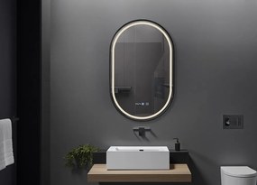 Oglinda baie, Multifuncțională, Iluminare LED 3 culori, Ceas încorporat, Sistem Dezaburire, Rama Negru, 45x90 cm