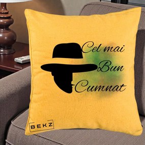 Cadou pentru Cumnat - Perna Personalizata Cel mai Bun Cumnat cu Silueta Palarie si Pete Teal-Roz, 40x40 cm, Galben, Husa Detasabila, Perna Inclusa, BEKZ®