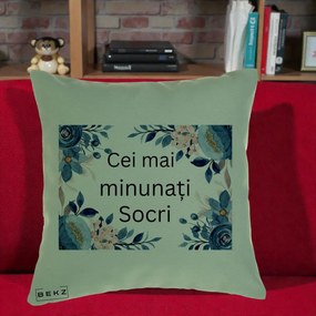 Cadou pentru Socri - Perna Personalizata Cei mai Minunati Socri cu Flori Albastre si Roz, 40x40 cm, Verde, Husa Detasabila, Perna Inclusa, BEKZ®