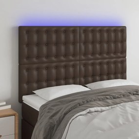 Tablie de pat cu LED, maro, 144x5x118 128 cm, piele ecologica 1, Maro, 144 x 5 x 118 128 cm