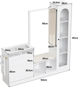 Combinație 6-în-1 pentru intrare cu iluminare LED, set cuier, masă de toaletă, bancă pentru pantofi, dulap rabatabil pentru pantofi și vitrină din sticlă, 163x35x161 cm, Alb