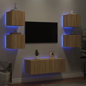 vidaXL Unități de perete TV cu LED-uri, 6 piese, stejar sonoma, lemn