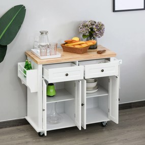 HOMCOM Carucior Bucatarie Sertare Dulapuri 4 Roti Lemn 111x44.5x82.5cm Alb | Aosom Romania