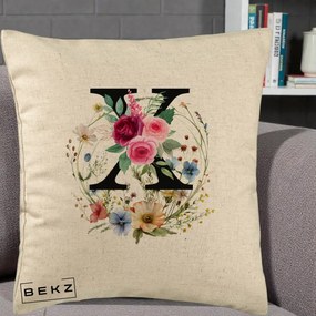 Cadou Personalizat - Perna Personalizata Monograma Florala Litera X cu Coroana, 40x40 cm, Bej, Husa Detasabila, Perna Inclusa, BEKZ®