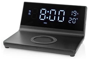 Ceas deșteptător cu afișaj LCD și încărcător fără fir 15W/230V negru Nedis WCACQ20BK