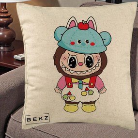 Perna Personalizata Labubu x Urs Albastru Colorat, 40x40 cm, Bej, Husa Detasabila, Perna Inclusa, BEKZ®