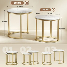 HOMCOM Set 2 Măsuțe de Cafea cu Blat cu Efect de Marmură din MDF și Oțel, Ø50x50.5 cm și 60x36x43.5 cm, Alb și Auriu | Aosom Romania