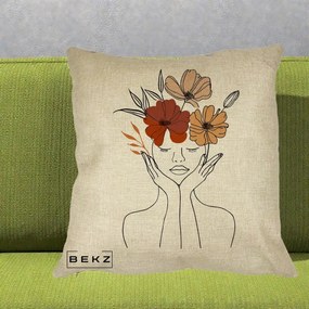 Perna Decorativa Portret Feminin Coroana Trei Flori, 40x40 cm, Crem, Husa Detasabila, Perna Inclusa, BEKZ®