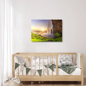 Tablou pe sticlă - Seljalandsfoss din spatele peșterii (70x50 cm)
