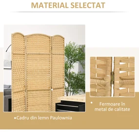 HOMCOM Paravan Interior Pliabil cu 3 Panouri Împletit din PP și Lemn de Pin, 135x1,7x180 cm, Lemn Natural | Aosom Romania