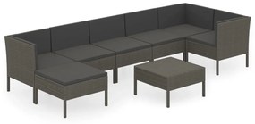 Set mobilier de gradina cu perne, 8 piese, gri, poliratan 3x colt + 3x mijloc + suport pentru picioare + masa, 1