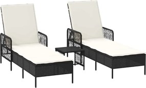 vidaXL Șezlong cu pernă 2-persoană 3 pcs Negru și Alb crem poliratan